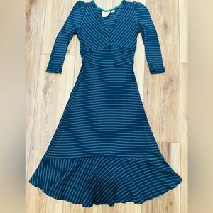 NWOT Anthropologie Maeve Ribbed Striped MidiDress Blue/Green VNeck Flared Hem XS